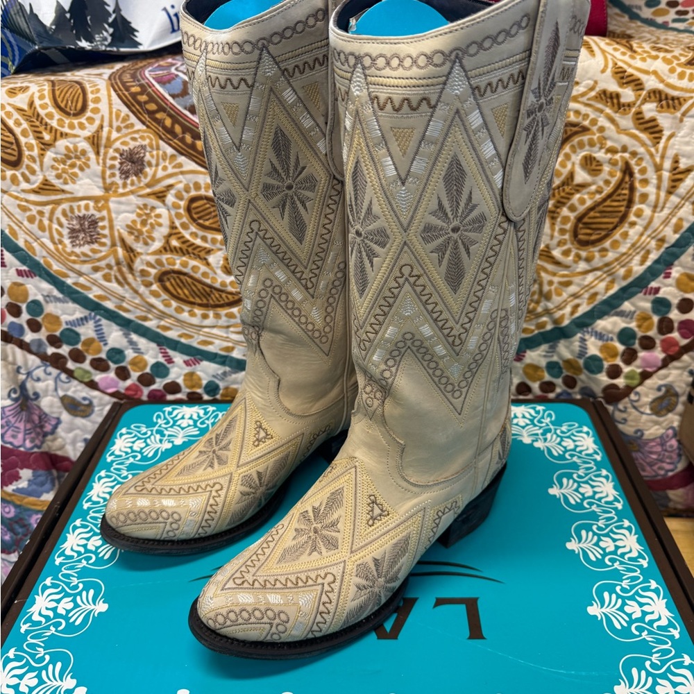 Lane Boots Elegant Embroidered Cream Heeled Boots